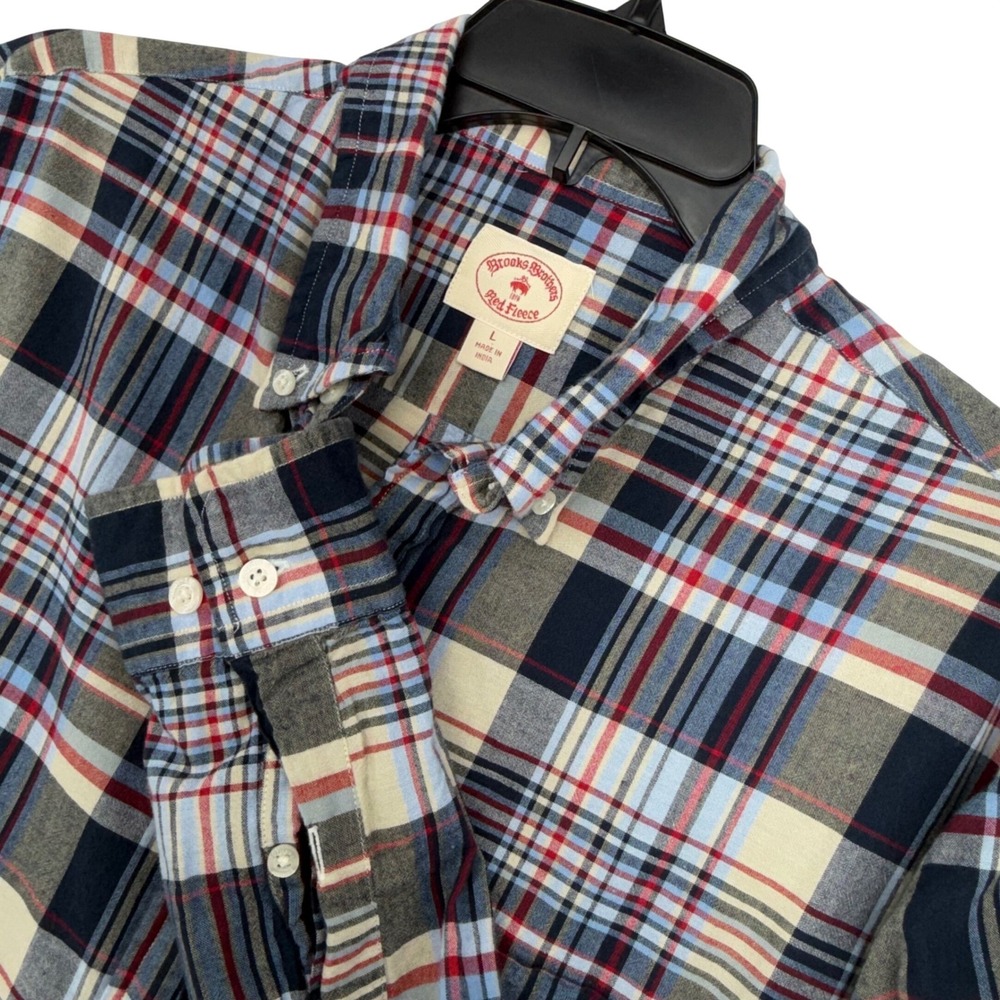 Brooks Brothers Red Fleece Mens L Navy Red Plaid Cotton Button Up Shirt